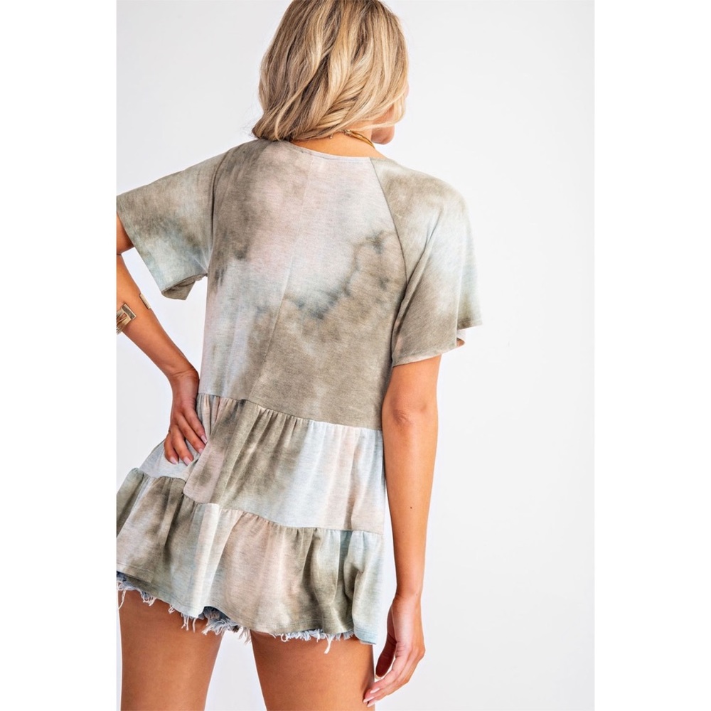 SOLD OUT Olive Tie Dye Boho Tiered Ruffle Babydoll Top - Picture 8 of 8